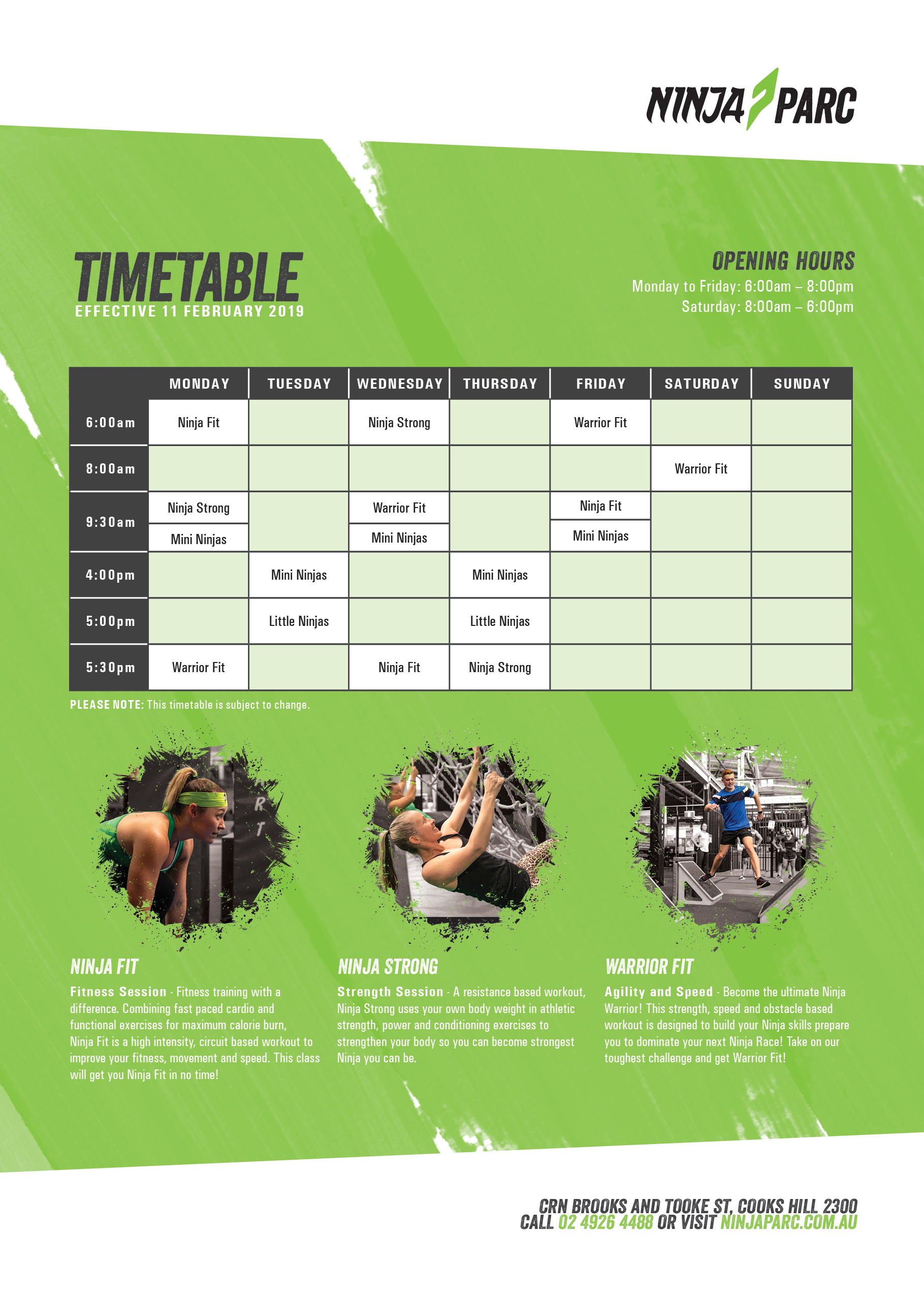 Ninja Parc timetable