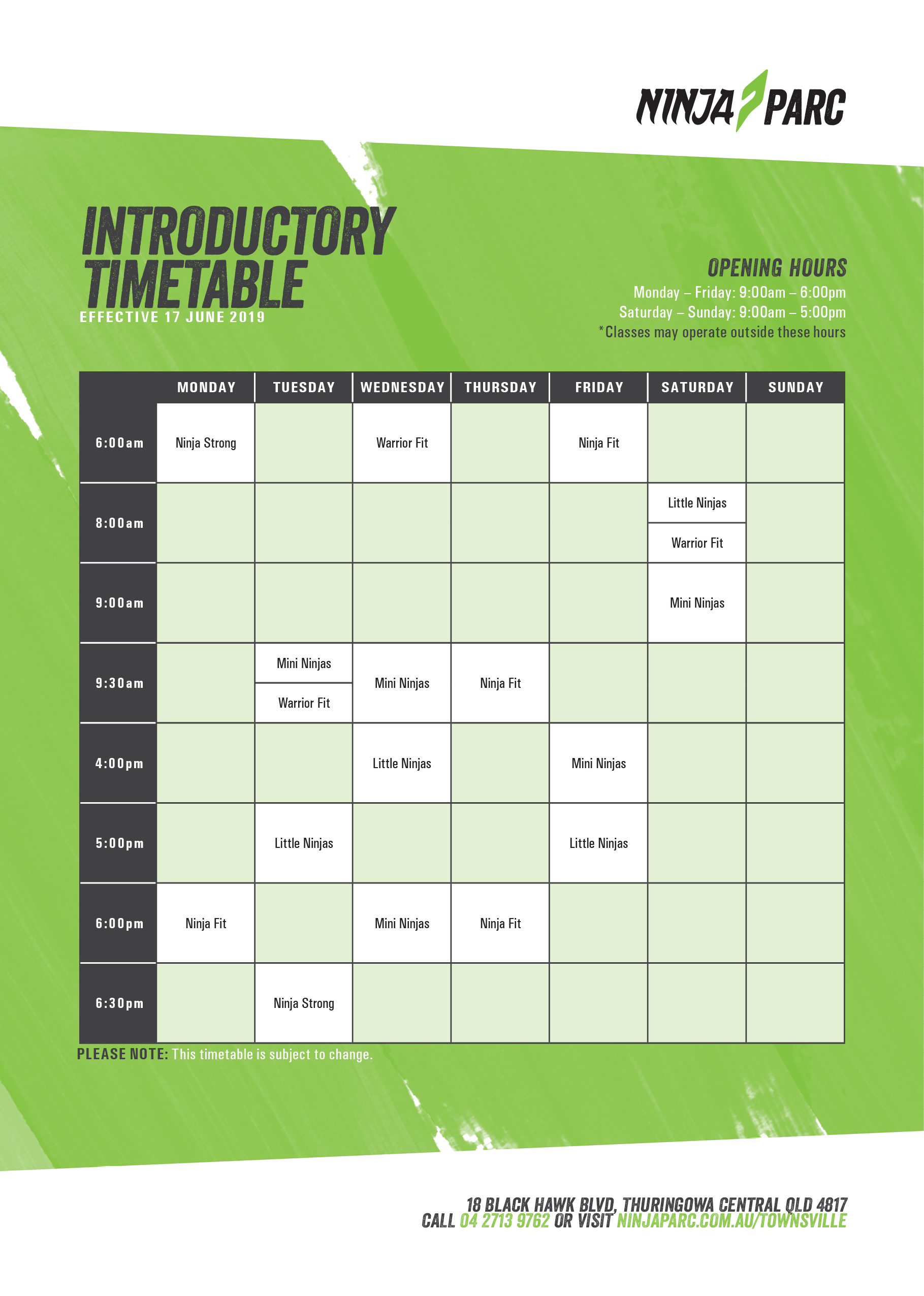 Ninja Parc timetable