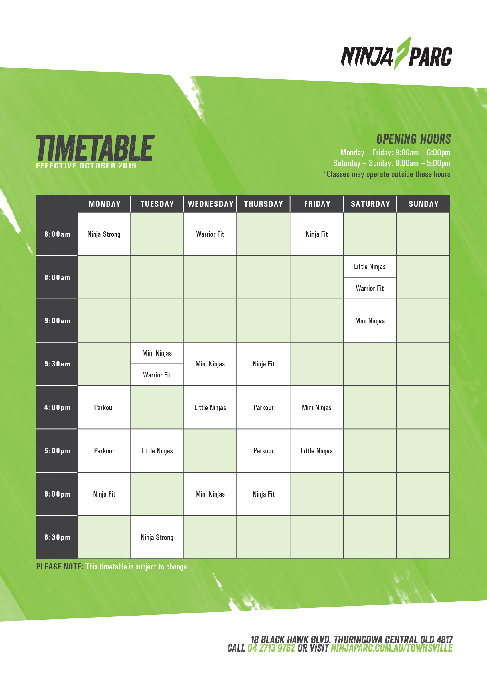 Ninja Parc timetable